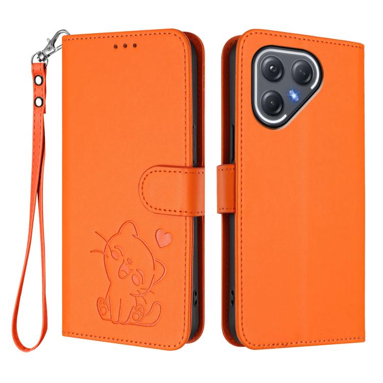 For Tecno Pova 7 Pro 5G Embossed Heart Cat Leather Phone Case with Hand Strap