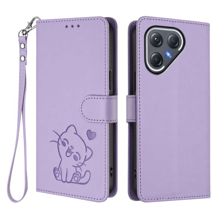 For Tecno Pova 7 Ultra 5G Embossed Heart Cat Leather Phone Case with Hand Strap