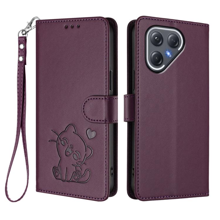 For Tecno Pova 7 Ultra 5G Embossed Heart Cat Leather Phone Case with Hand Strap