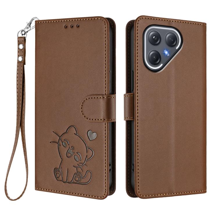 For Tecno Pova 7 Ultra 5G Embossed Heart Cat Leather Phone Case with Hand Strap