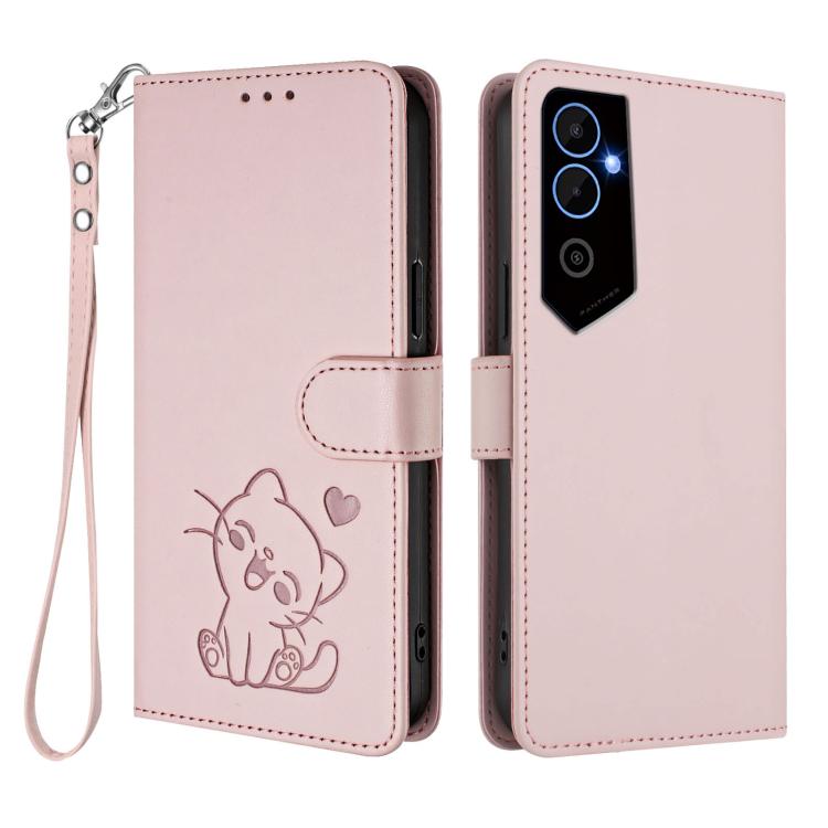 For Tecno Pova Neo 2 Embossed Heart Cat Leather Phone Case with Hand Strap
