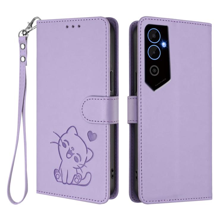 For Tecno Pova Neo 2 Embossed Heart Cat Leather Phone Case with Hand Strap