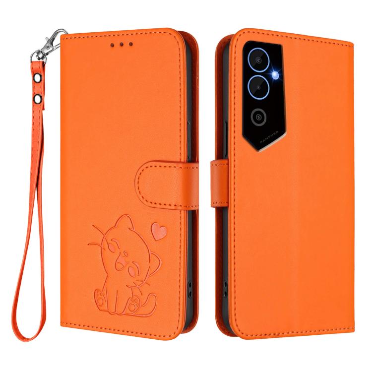 For Tecno Pova Neo 2 Embossed Heart Cat Leather Phone Case with Hand Strap