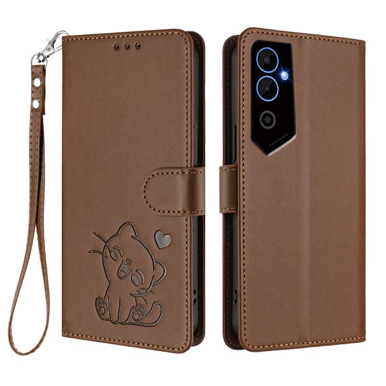 For Tecno Pova Neo 2 Embossed Heart Cat Leather Phone Case with Hand Strap