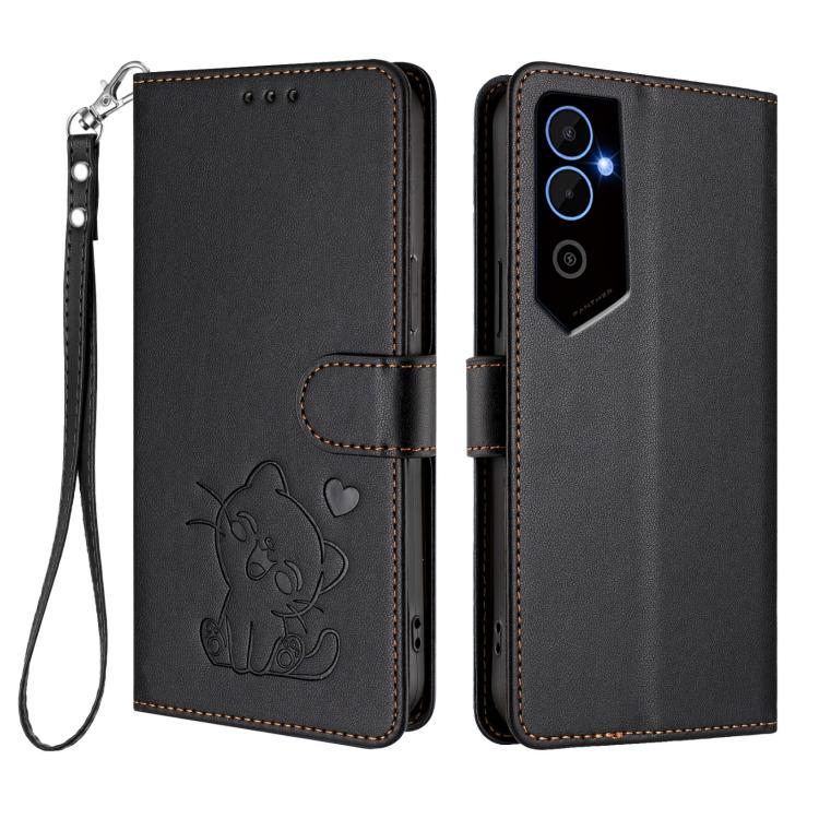 For Tecno Pova Neo 2 Embossed Heart Cat Leather Phone Case with Hand Strap