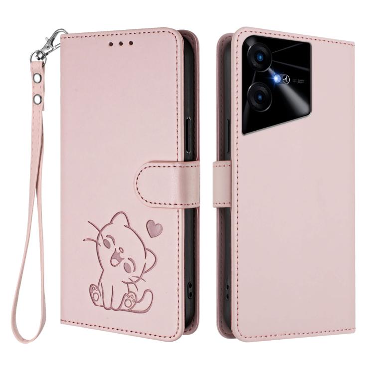 For Tecno Pova Neo 3 Embossed Heart Cat Leather Phone Case with Hand Strap