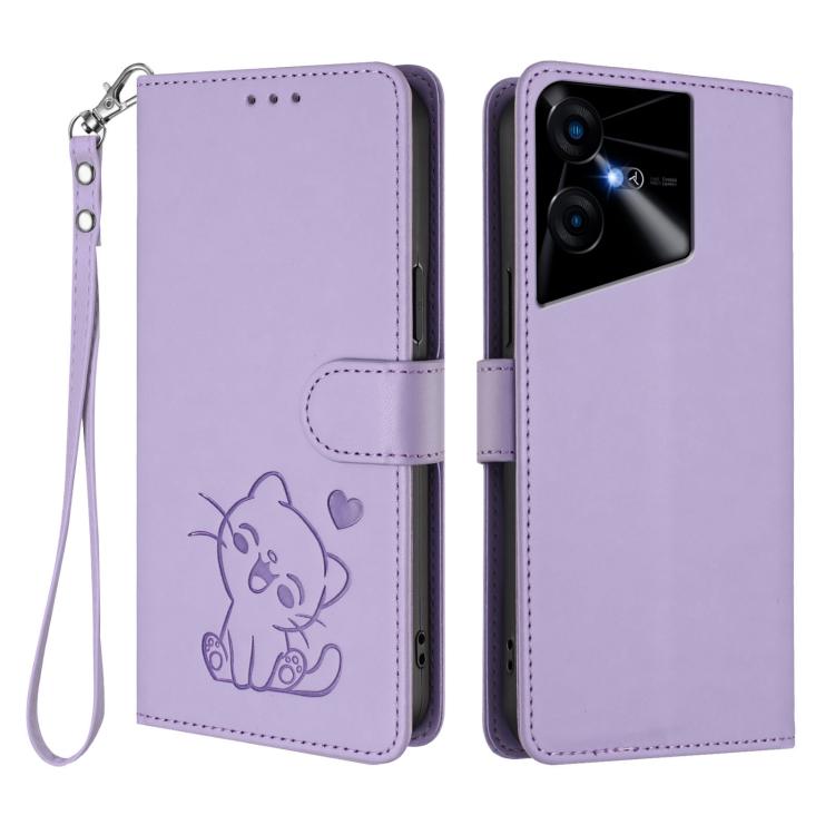 For Tecno Pova Neo 3 Embossed Heart Cat Leather Phone Case with Hand Strap