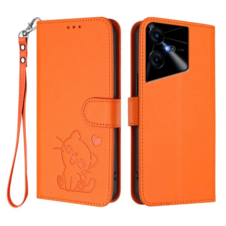For Tecno Pova Neo 3 Embossed Heart Cat Leather Phone Case with Hand Strap