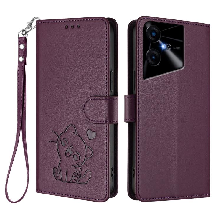 For Tecno Pova Neo 3 Embossed Heart Cat Leather Phone Case with Hand Strap