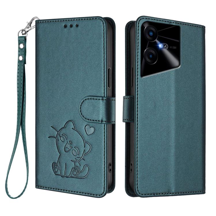For Tecno Pova Neo 3 Embossed Heart Cat Leather Phone Case with Hand Strap