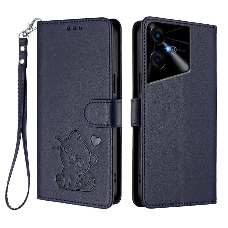 For Tecno Pova Neo 3 Embossed Heart Cat Leather Phone Case with Hand Strap