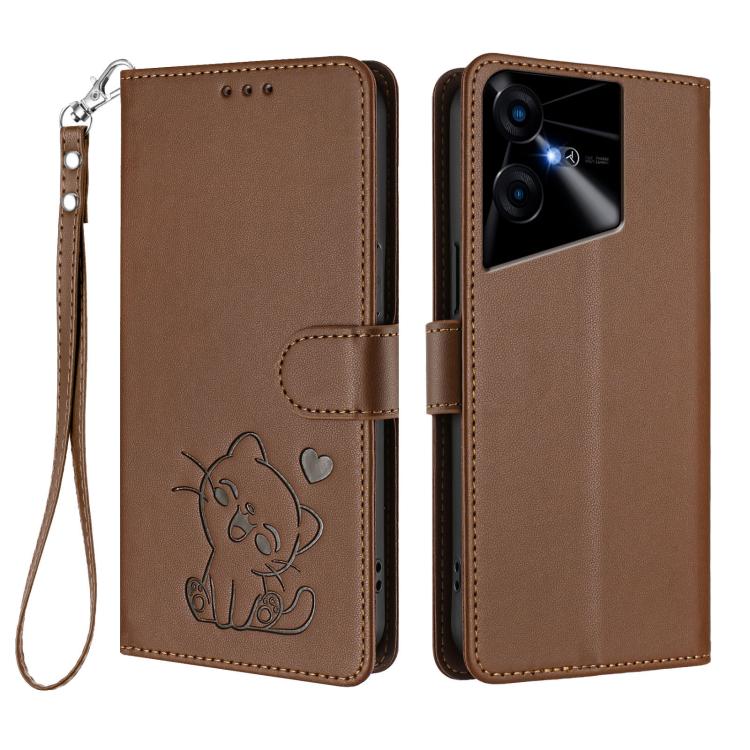 For Tecno Pova Neo 3 Embossed Heart Cat Leather Phone Case with Hand Strap