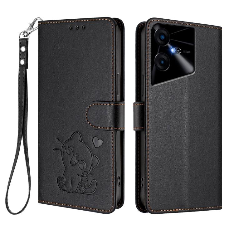 For Tecno Pova Neo 3 Embossed Heart Cat Leather Phone Case with Hand Strap
