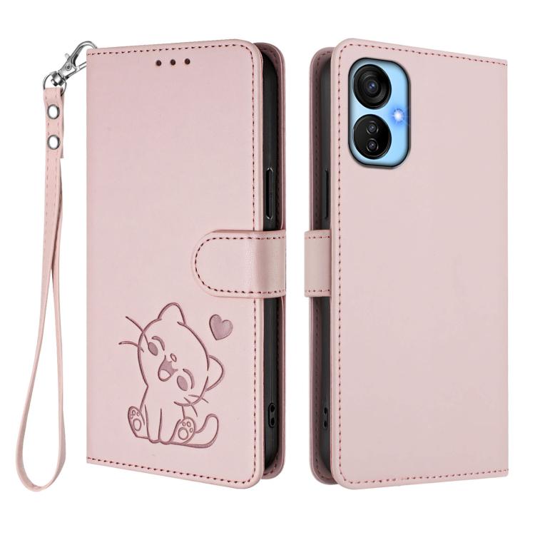 For Tecno Spark 9T / 9 Pro Embossed Heart Cat Leather Phone Case with Hand Strap