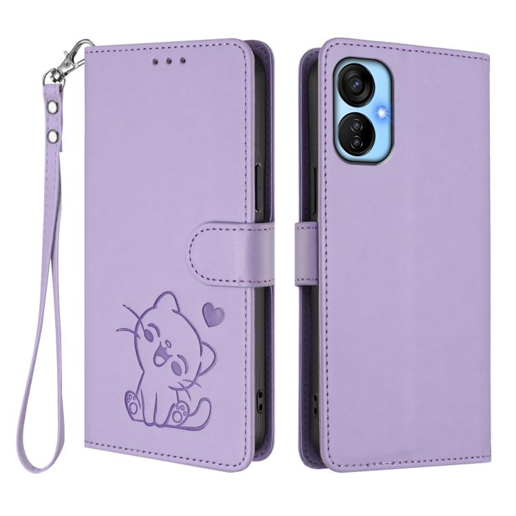 For Tecno Spark 9T / 9 Pro Embossed Heart Cat Leather Phone Case with Hand Strap