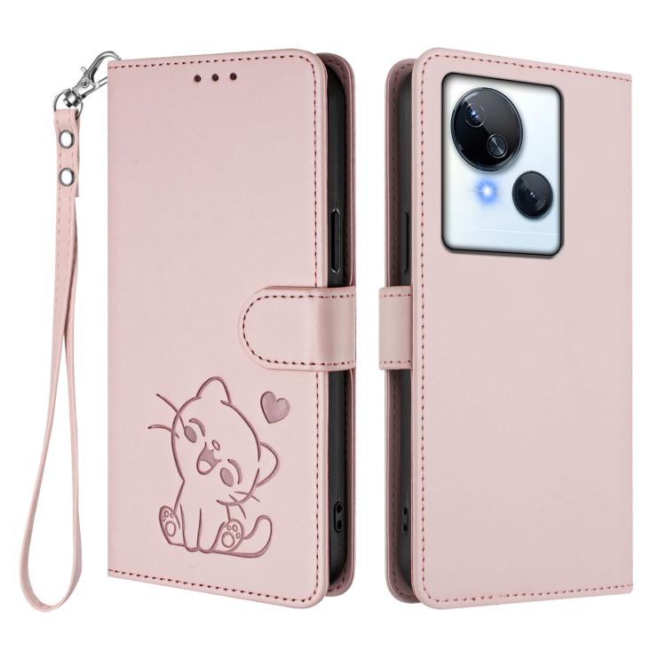 For Tecno Spark 10 5G Embossed Heart Cat Leather Phone Case with Hand Strap