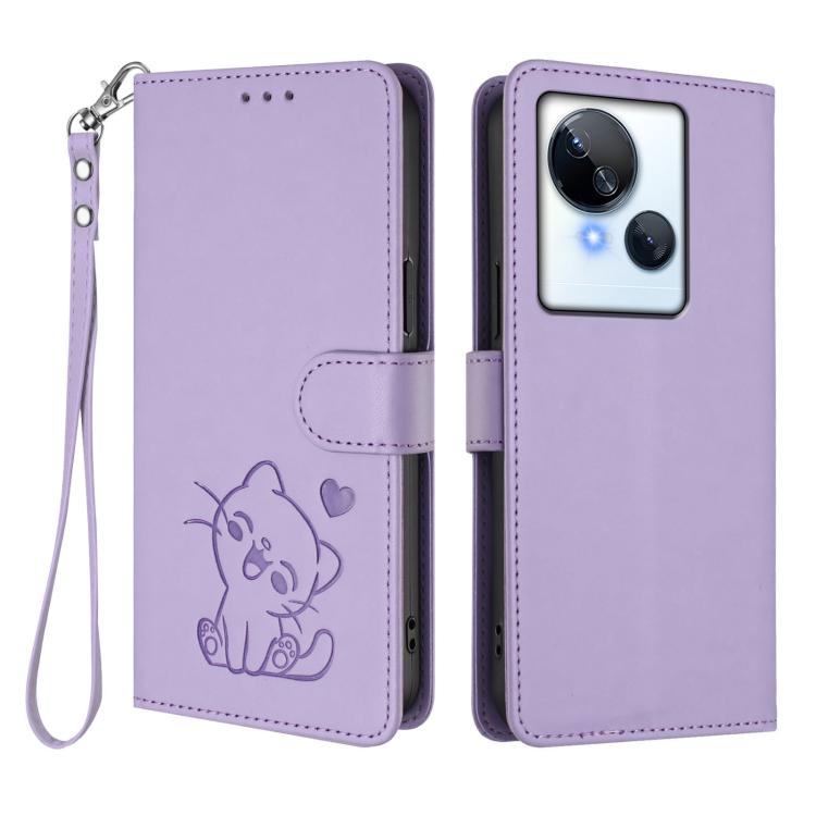 For Tecno Spark 10 5G Embossed Heart Cat Leather Phone Case with Hand Strap