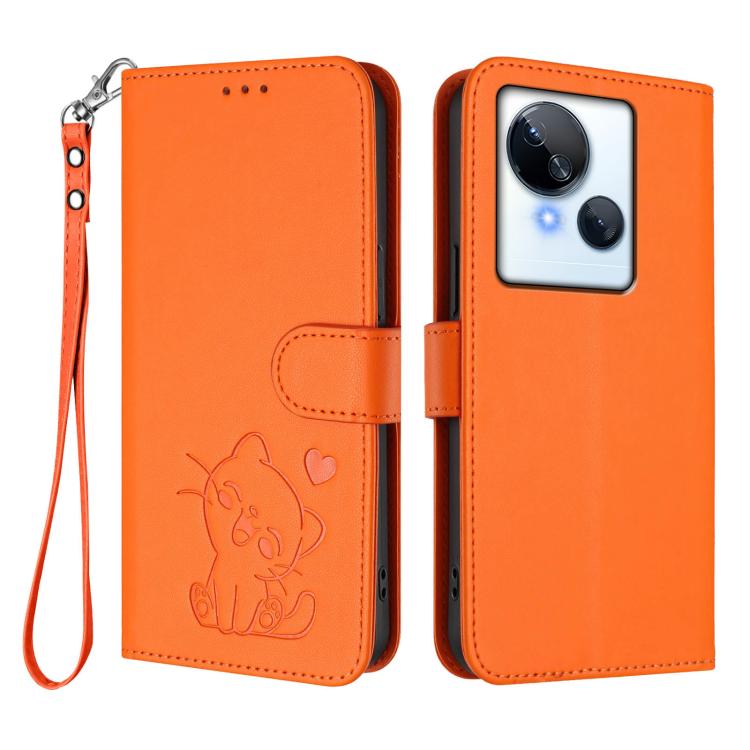 For Tecno Spark 10 5G Embossed Heart Cat Leather Phone Case with Hand Strap
