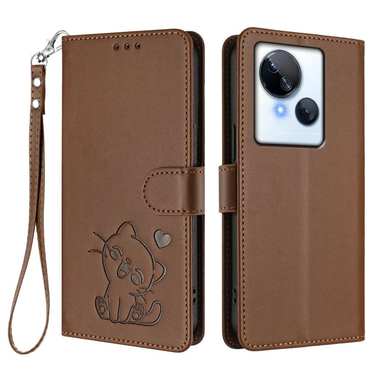 For Tecno Spark 10 5G Embossed Heart Cat Leather Phone Case with Hand Strap