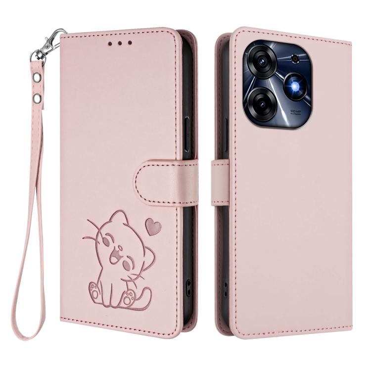 For Tecno Spark 10 Pro 4G / K17 4G Embossed Heart Cat Leather Phone Case with Hand Strap