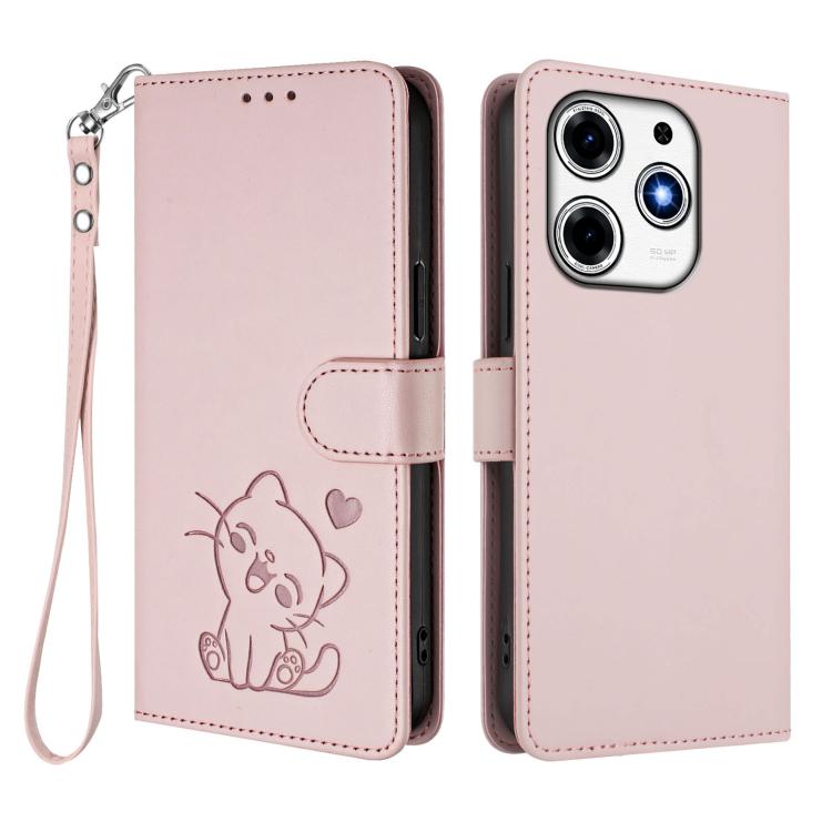 For Tecno Spark 10 Pro Magic Magenta Embossed Heart Cat Leather Phone Case with Hand Strap
