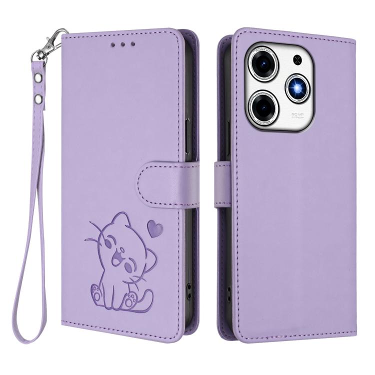 For Tecno Spark 10 Pro Magic Magenta Embossed Heart Cat Leather Phone Case with Hand Strap