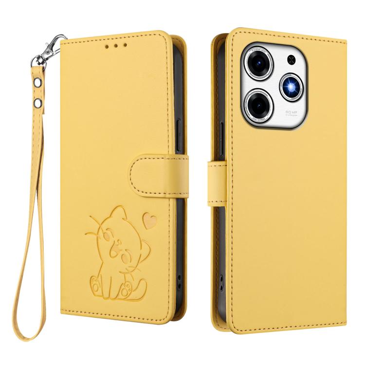 For Tecno Spark 10 Pro Magic Magenta Embossed Heart Cat Leather Phone Case with Hand Strap