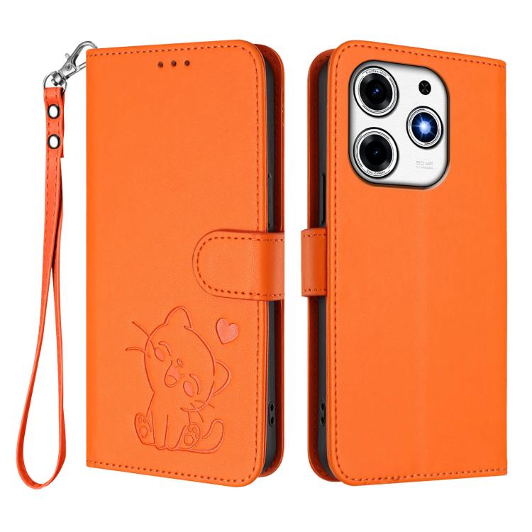 For Tecno Spark 10 Pro Magic Magenta Embossed Heart Cat Leather Phone Case with Hand Strap