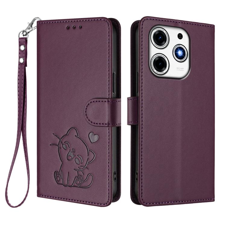 For Tecno Spark 10 Pro Magic Magenta Embossed Heart Cat Leather Phone Case with Hand Strap