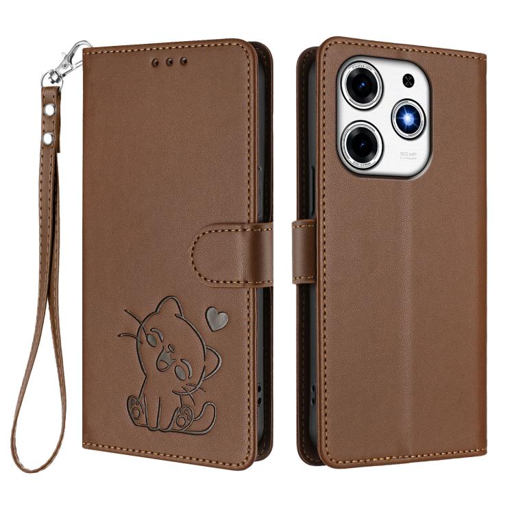 For Tecno Spark 10 Pro Magic Magenta Embossed Heart Cat Leather Phone Case with Hand Strap