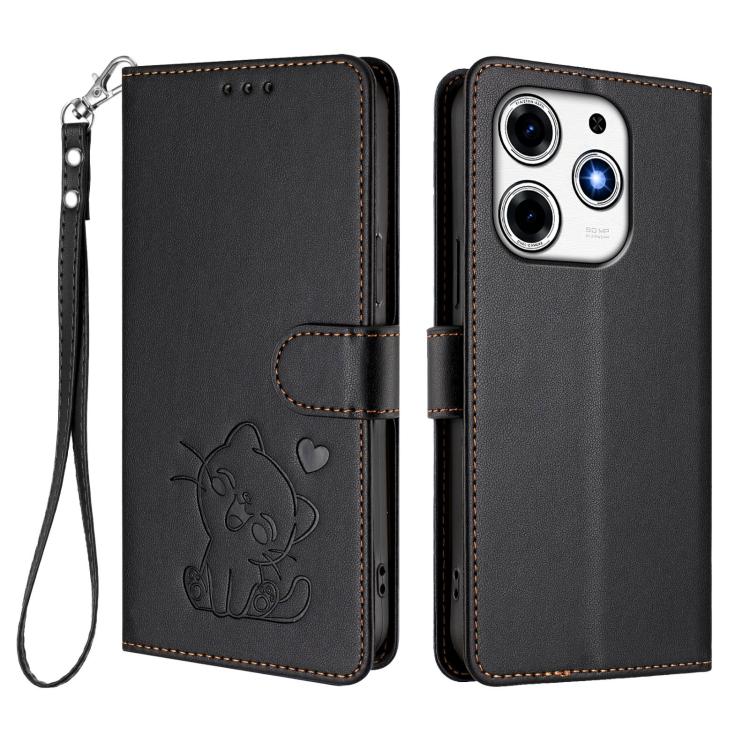 For Tecno Spark 10 Pro Magic Magenta Embossed Heart Cat Leather Phone Case with Hand Strap