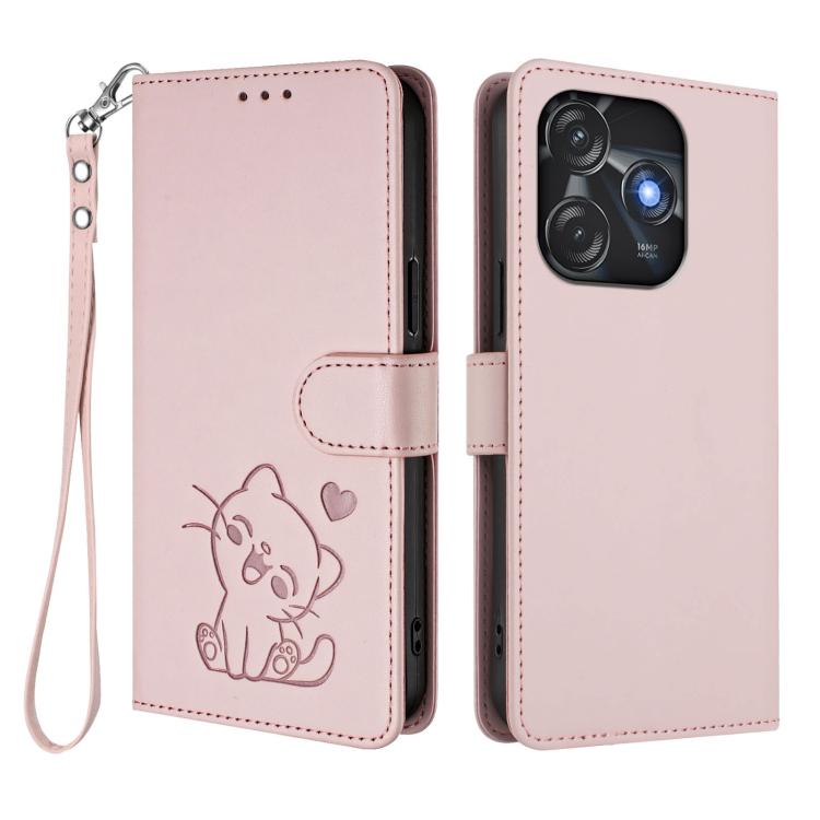 For Tecno Spark 10C / 10 4G Embossed Heart Cat Leather Phone Case with Hand Strap