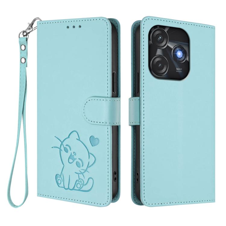 For Tecno Spark 10C / 10 4G Embossed Heart Cat Leather Phone Case with Hand Strap