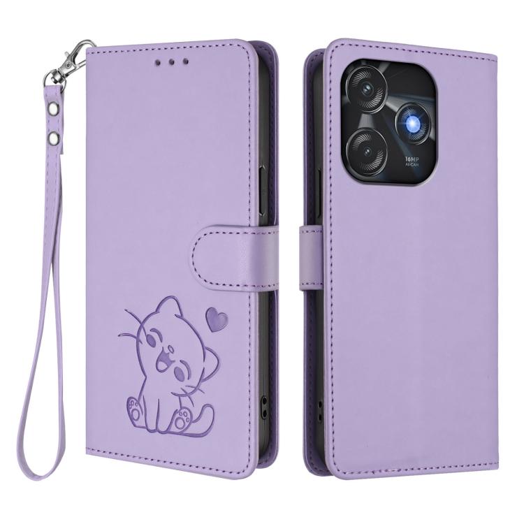 For Tecno Spark 10C / 10 4G Embossed Heart Cat Leather Phone Case with Hand Strap