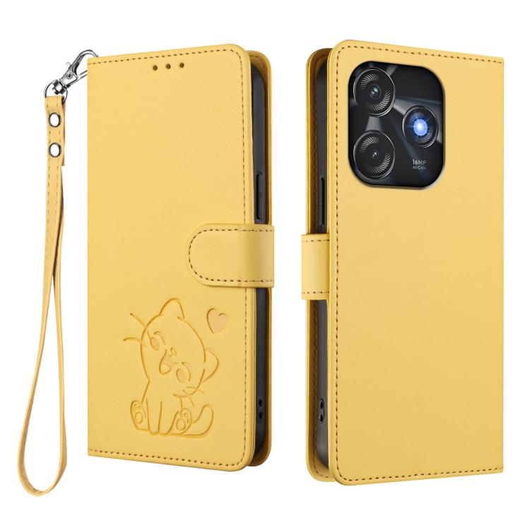 For Tecno Spark 10C / 10 4G Embossed Heart Cat Leather Phone Case with Hand Strap