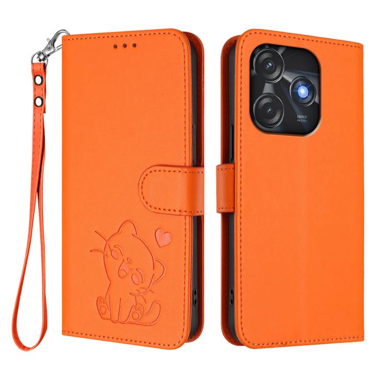 For Tecno Spark 10C / 10 4G Embossed Heart Cat Leather Phone Case with Hand Strap