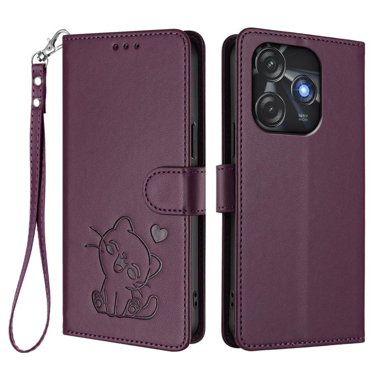 For Tecno Spark 10C / 10 4G Embossed Heart Cat Leather Phone Case with Hand Strap