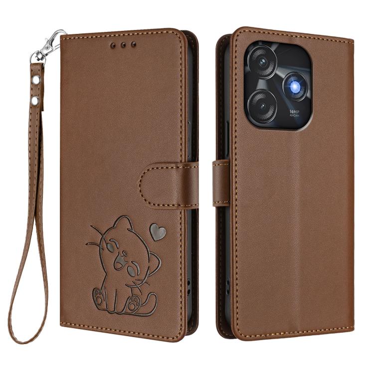 For Tecno Spark 10C / 10 4G Embossed Heart Cat Leather Phone Case with Hand Strap