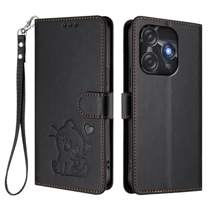 For Tecno Spark 10C / 10 4G Embossed Heart Cat Leather Phone Case with Hand Strap