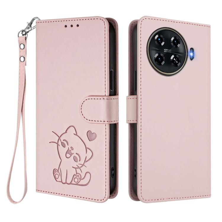 For Tecno Spark 20 Pro+ 4G Embossed Heart Cat Leather Phone Case with Hand Strap
