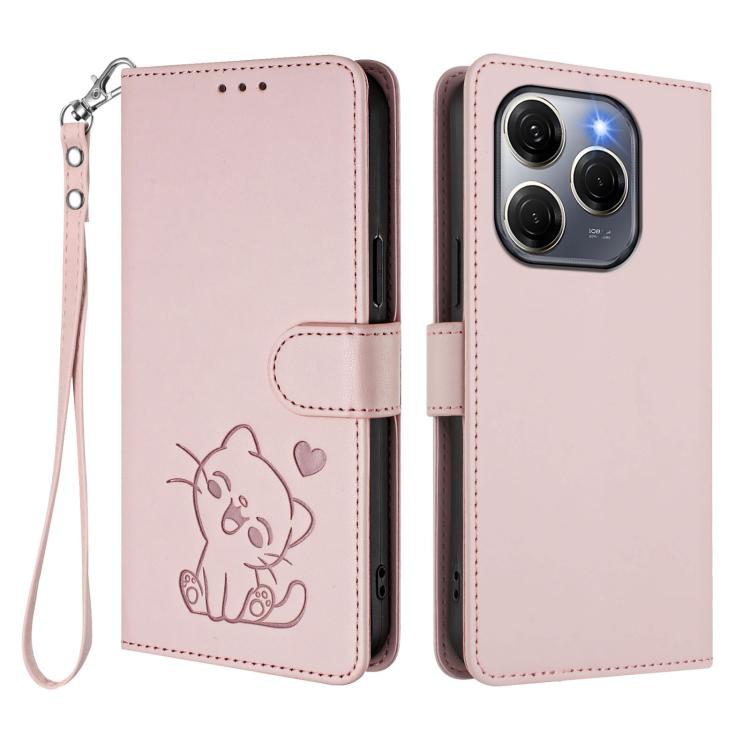 For Tecno Spark 20 Pro 5G Embossed Heart Cat Leather Phone Case with Hand Strap