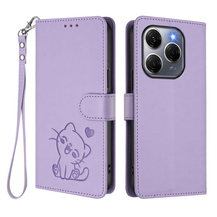 For Tecno Spark 20 Pro 5G Embossed Heart Cat Leather Phone Case with Hand Strap