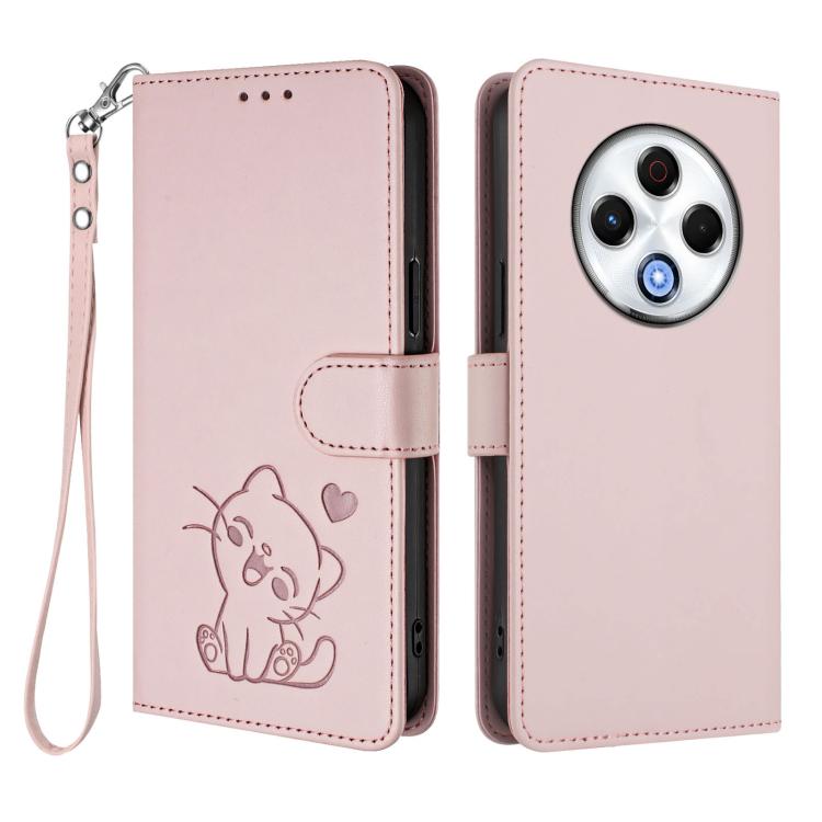 For Tecno Spark 30 4G Embossed Heart Cat Leather Phone Case with Hand Strap