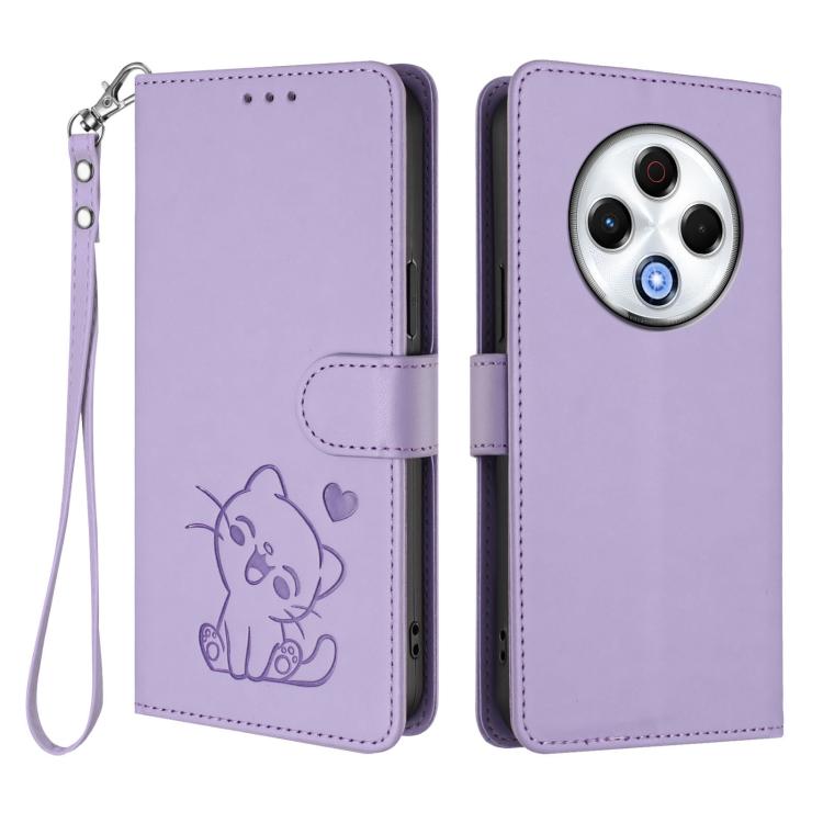 For Tecno Spark 30 4G Embossed Heart Cat Leather Phone Case with Hand Strap