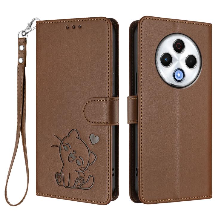 For Tecno Spark 30 4G Embossed Heart Cat Leather Phone Case with Hand Strap