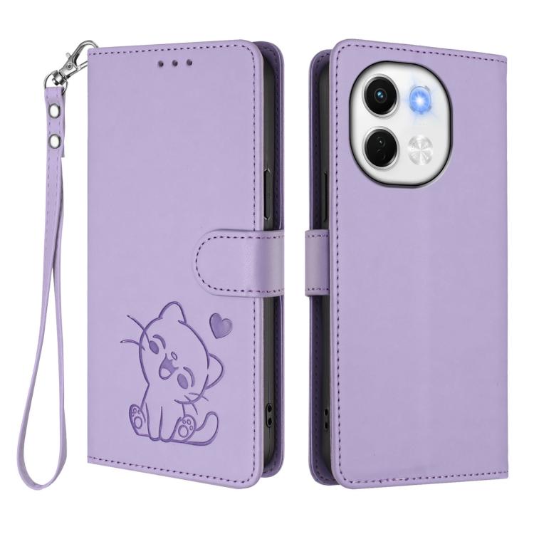 For Tecno Spark 30 5G / Pova 6 Neo 5G Embossed Heart Cat Leather Phone Case with Hand Strap
