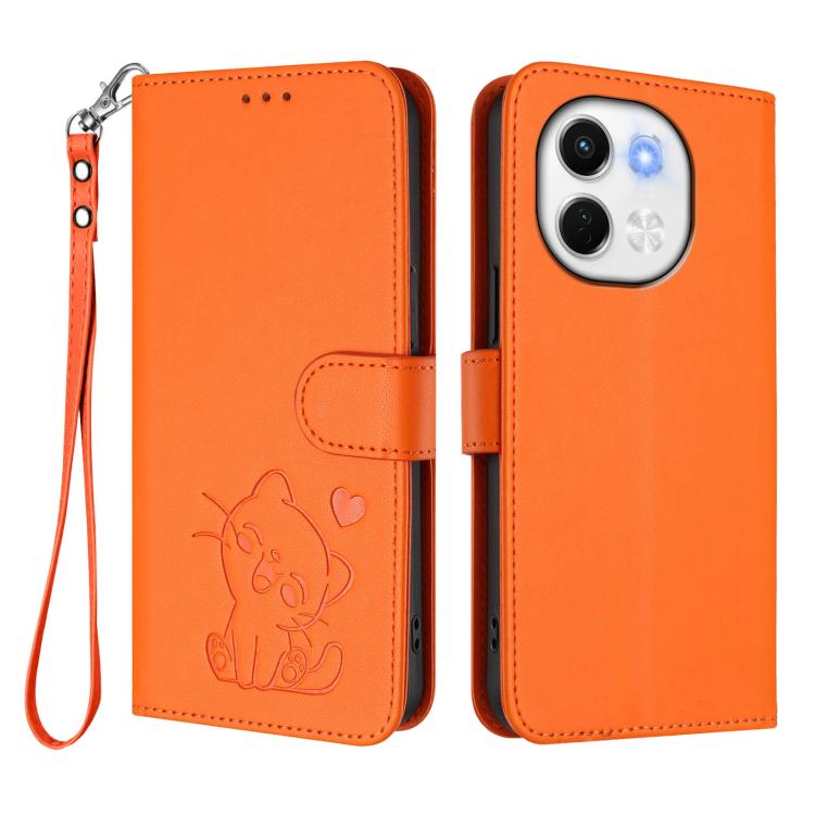 For Tecno Spark 30 5G / Pova 6 Neo 5G Embossed Heart Cat Leather Phone Case with Hand Strap
