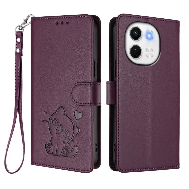 For Tecno Spark 30 5G / Pova 6 Neo 5G Embossed Heart Cat Leather Phone Case with Hand Strap