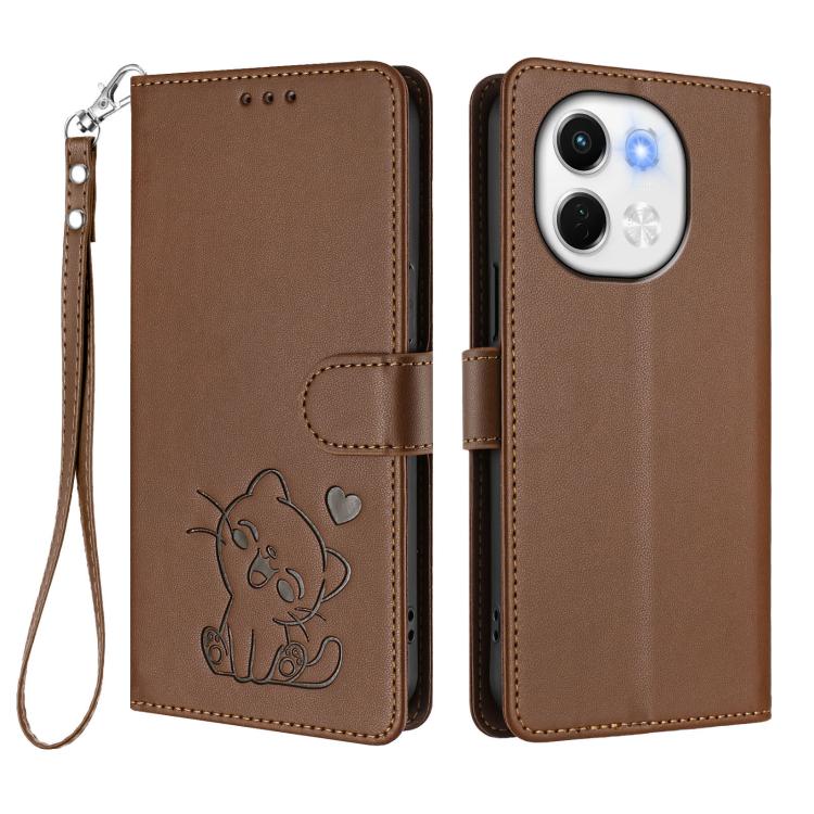 For Tecno Spark 30 5G / Pova 6 Neo 5G Embossed Heart Cat Leather Phone Case with Hand Strap