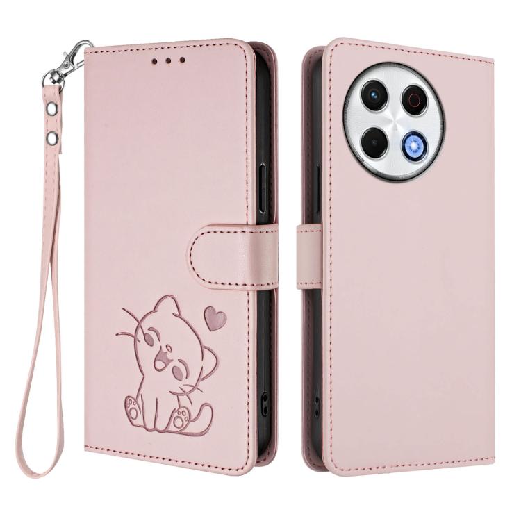 For Tecno Spark 30 Pro 4G Embossed Heart Cat Leather Phone Case with Hand Strap